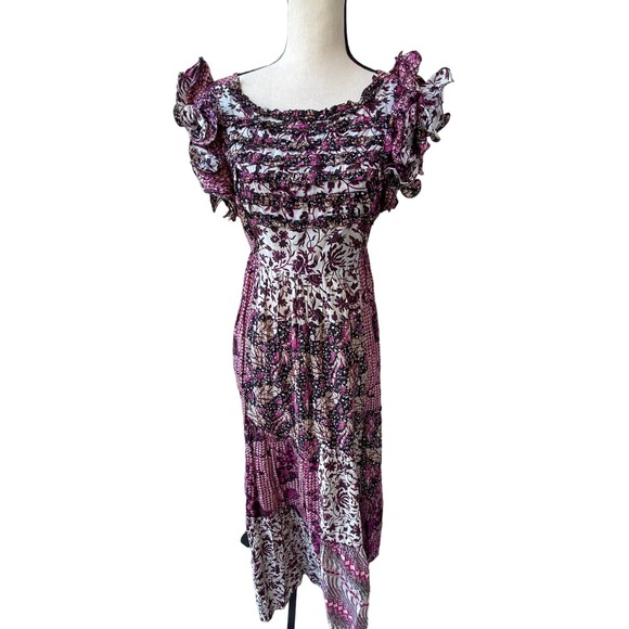Ulla Johnson Zoya Ruffle Trim Ikat Midi Patchwork Dress Size 8 - Picture 2 of 11
